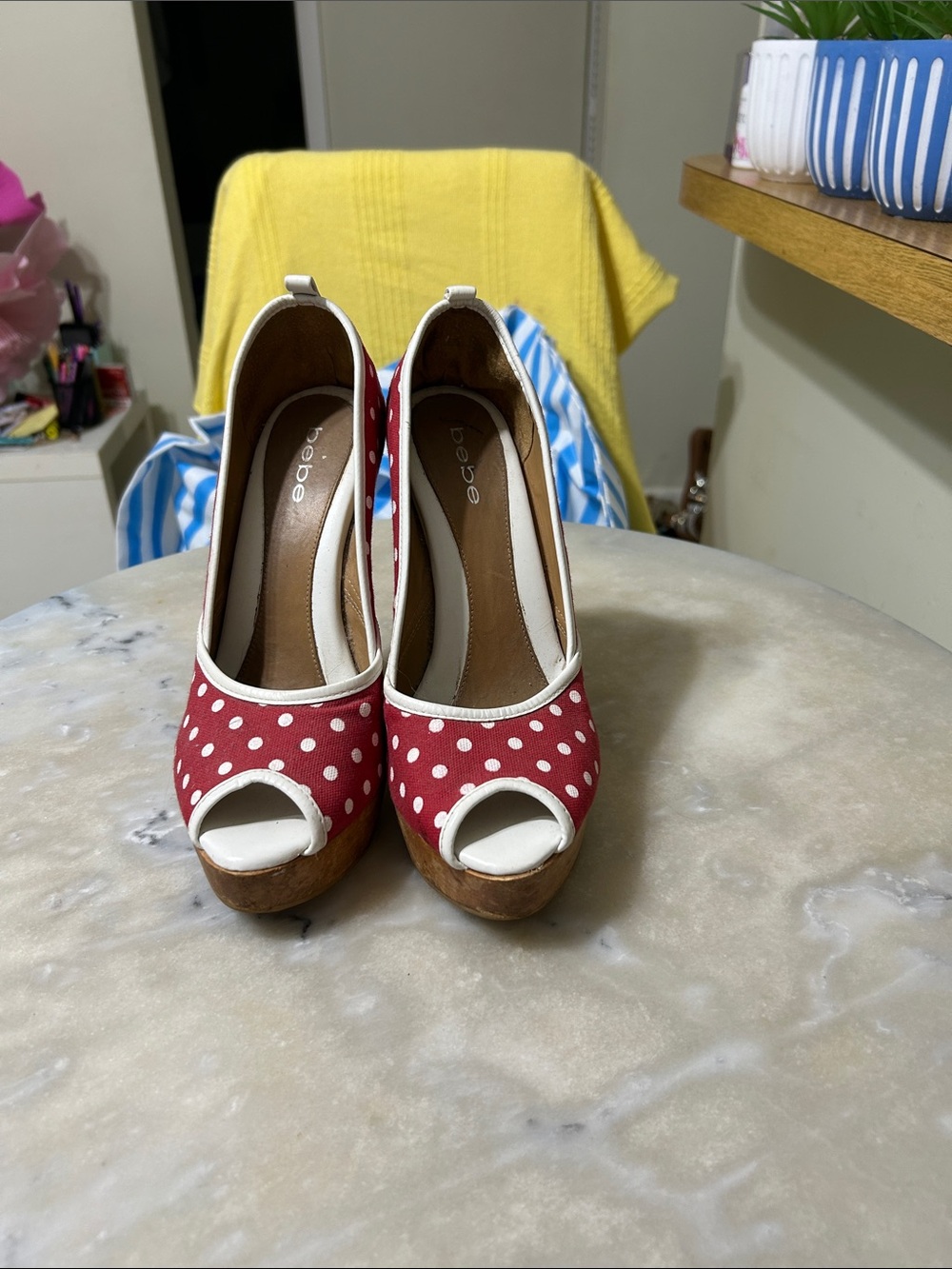 bebe Red Polka Dot Peep-Toe Platform Pumps with Cream Trim